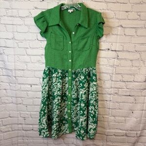 VOY Green Button Front Dress Small Cottagecore Floral Panel Boho Style Small